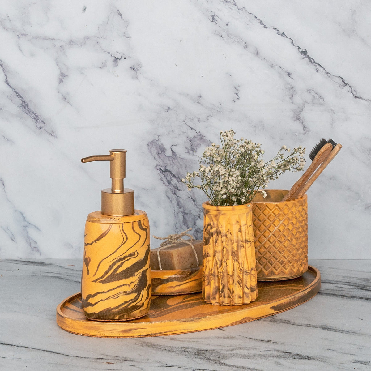Lava Bathroom Set in Warm Stone, handcrafted bathroom accessories set
