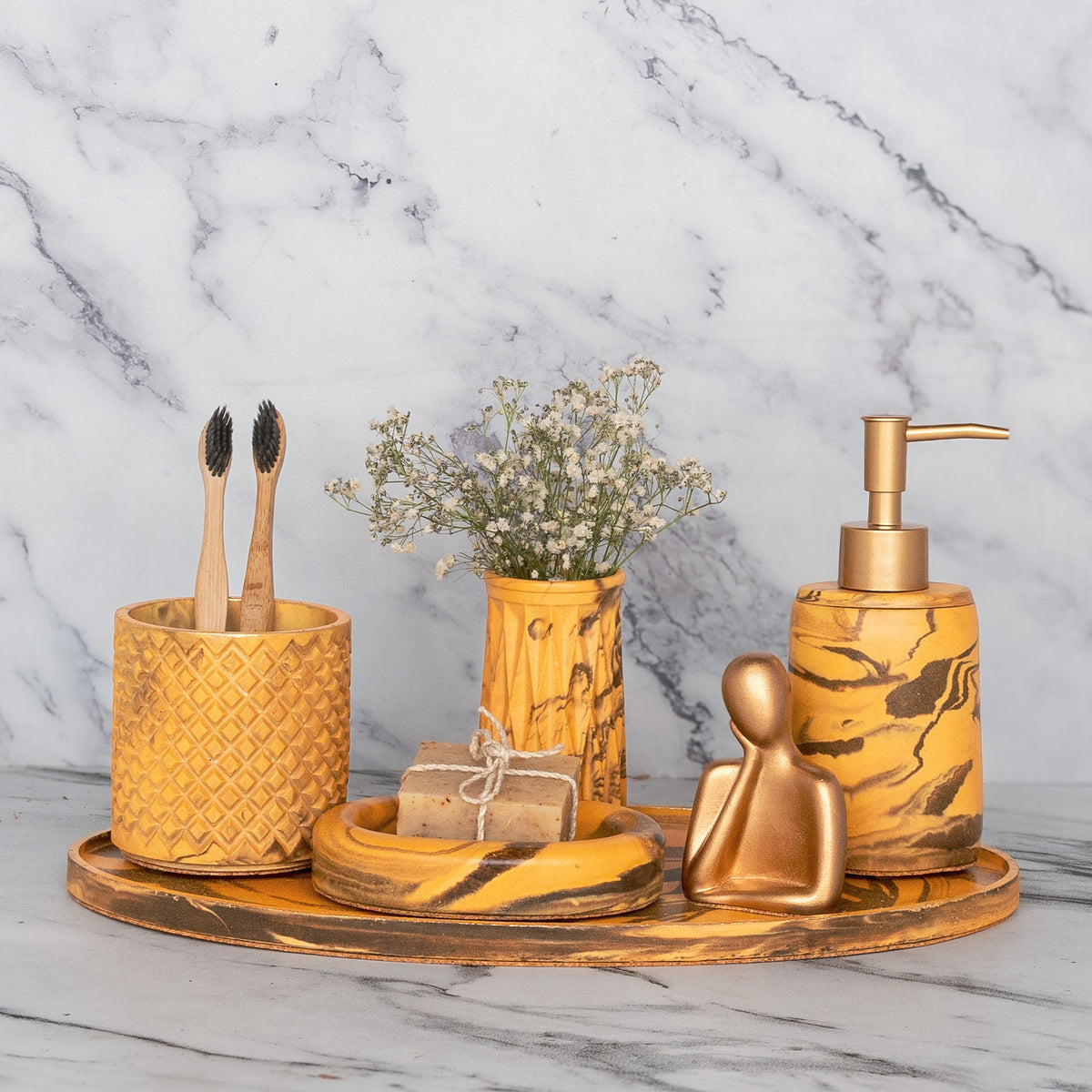 Lava Bathroom Set in Warm Stone, handcrafted bathroom accessories set