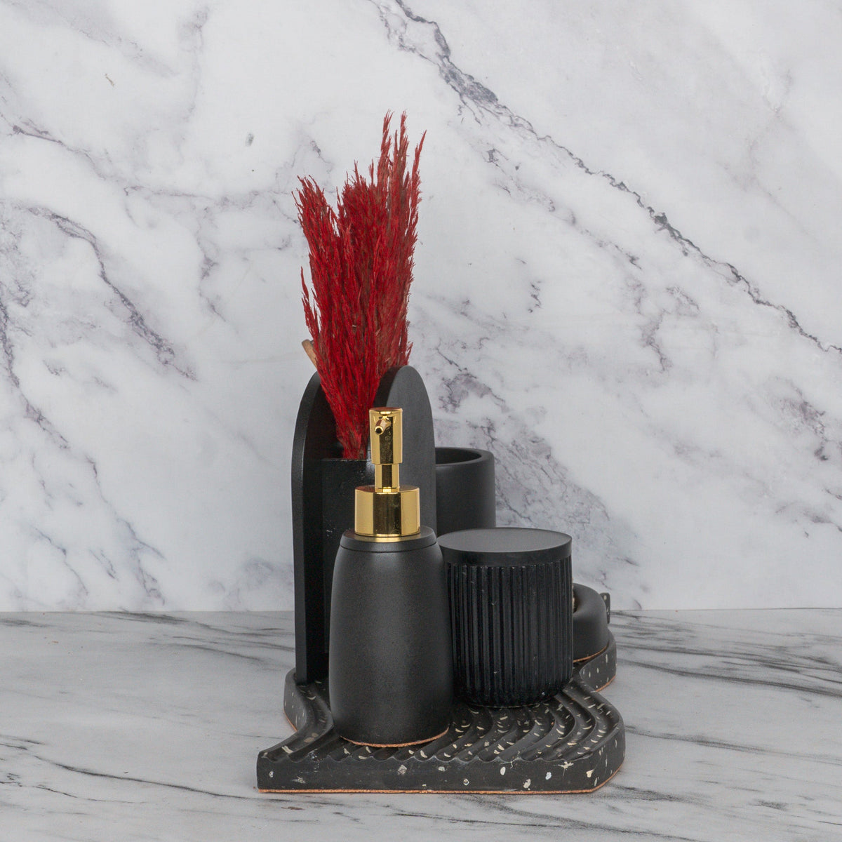 Lawrence Bathroom Set in Charcoal Black, handcrafted bathroom accessories set