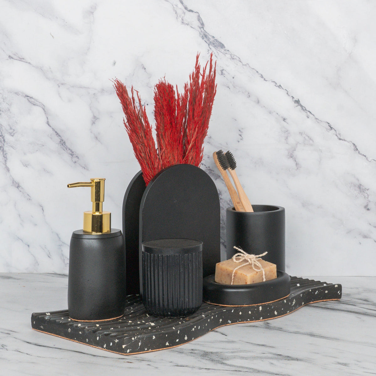 Lawrence Bathroom Set in Charcoal Black, handcrafted bathroom accessories set