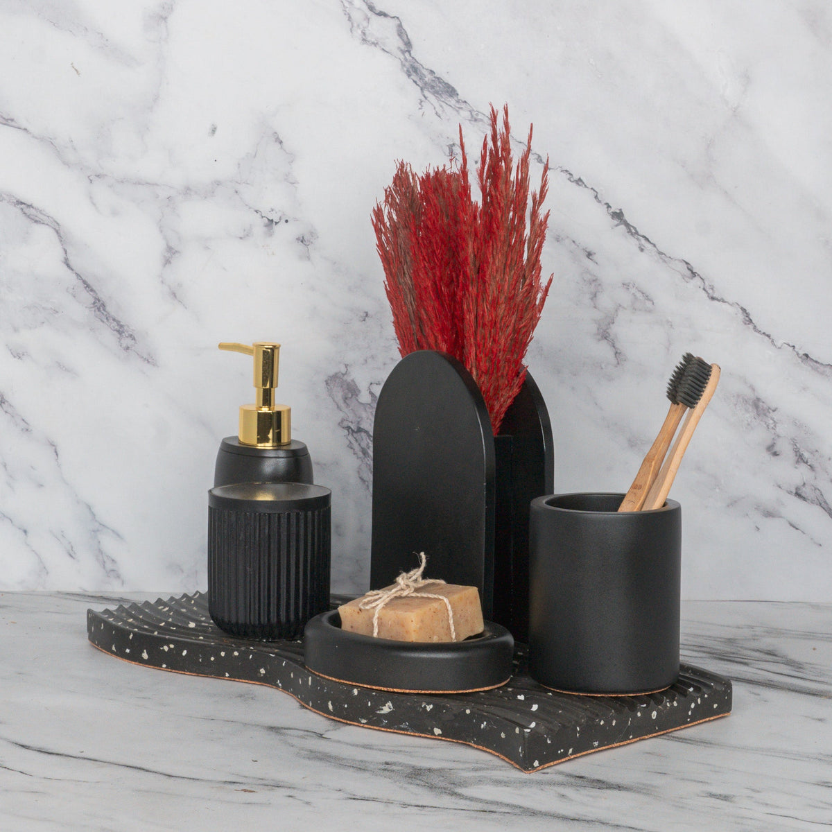 Lawrence Bathroom Set in Charcoal Black, handcrafted bathroom accessories set