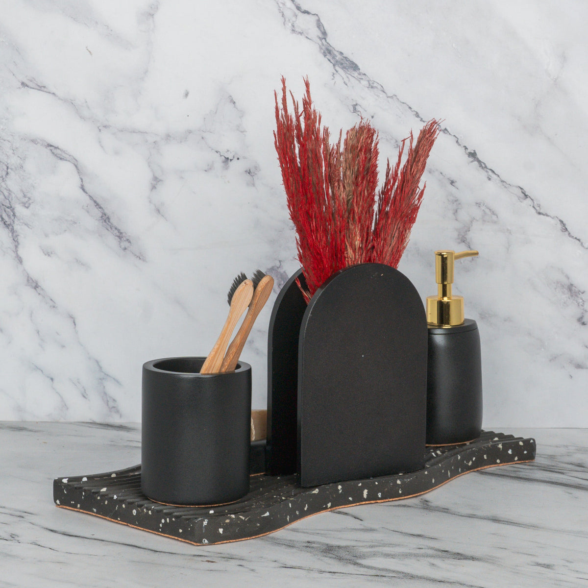 Lawrence Bathroom Set in Charcoal Black, handcrafted bathroom accessories set