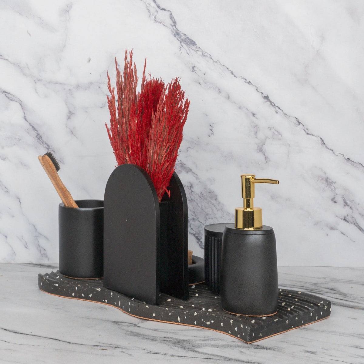 Lawrence Bathroom Set in Charcoal Black, handcrafted bathroom accessories set