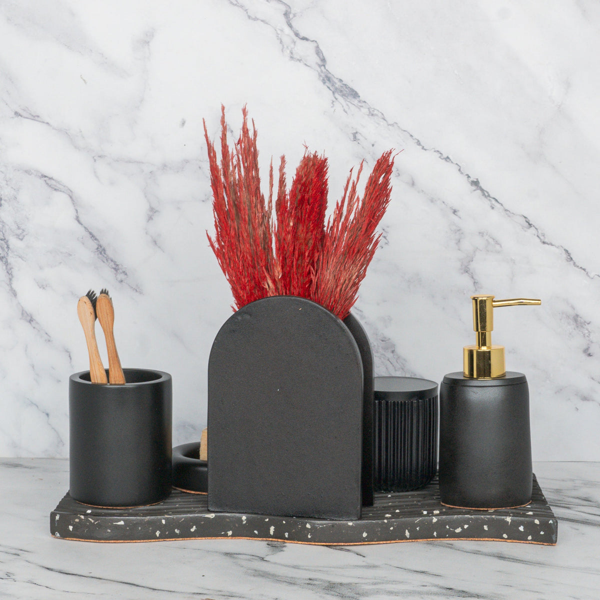 Lawrence Bathroom Set in Charcoal Black, handcrafted bathroom accessories set