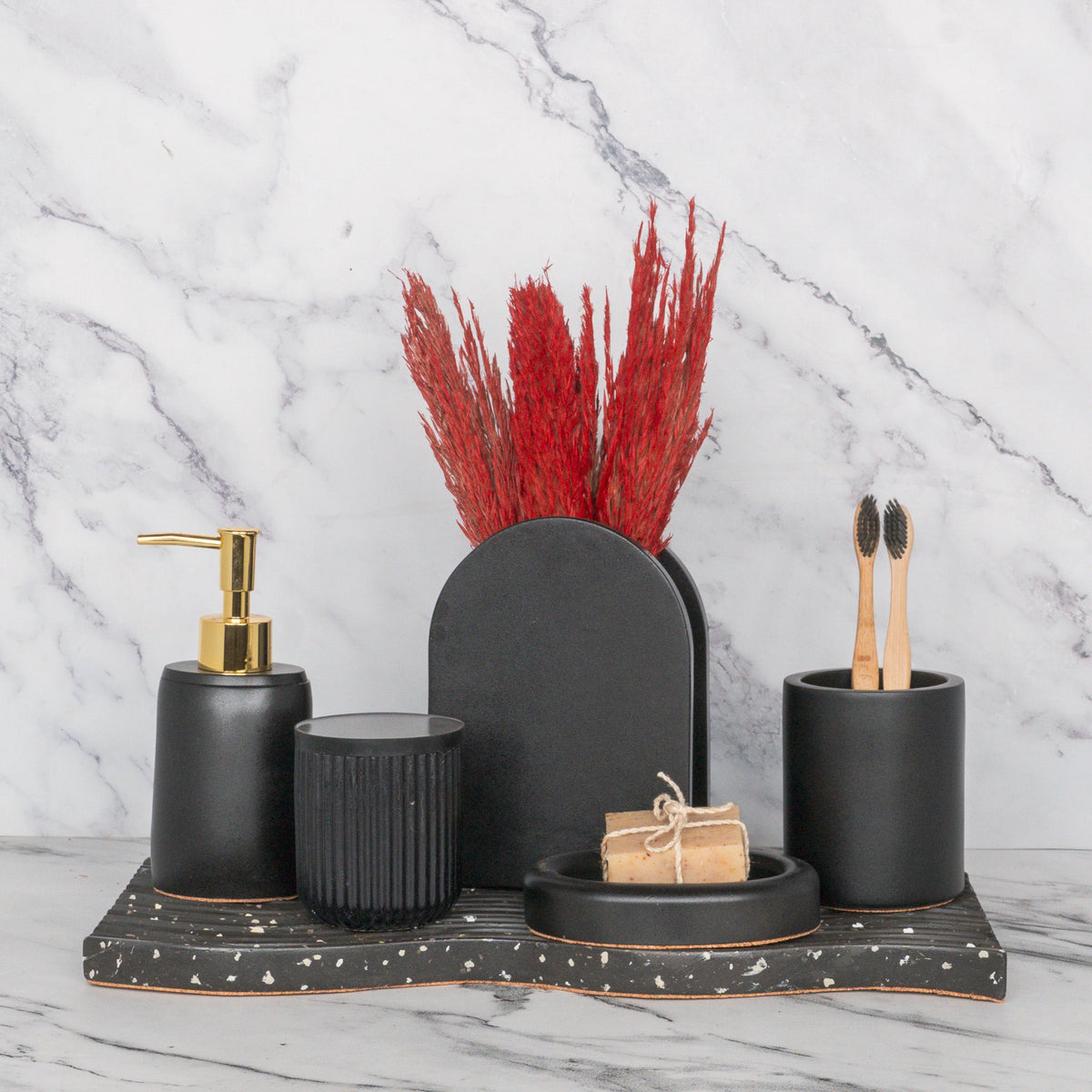 Lawrence Bathroom Set in Charcoal Black, handcrafted bathroom accessories set