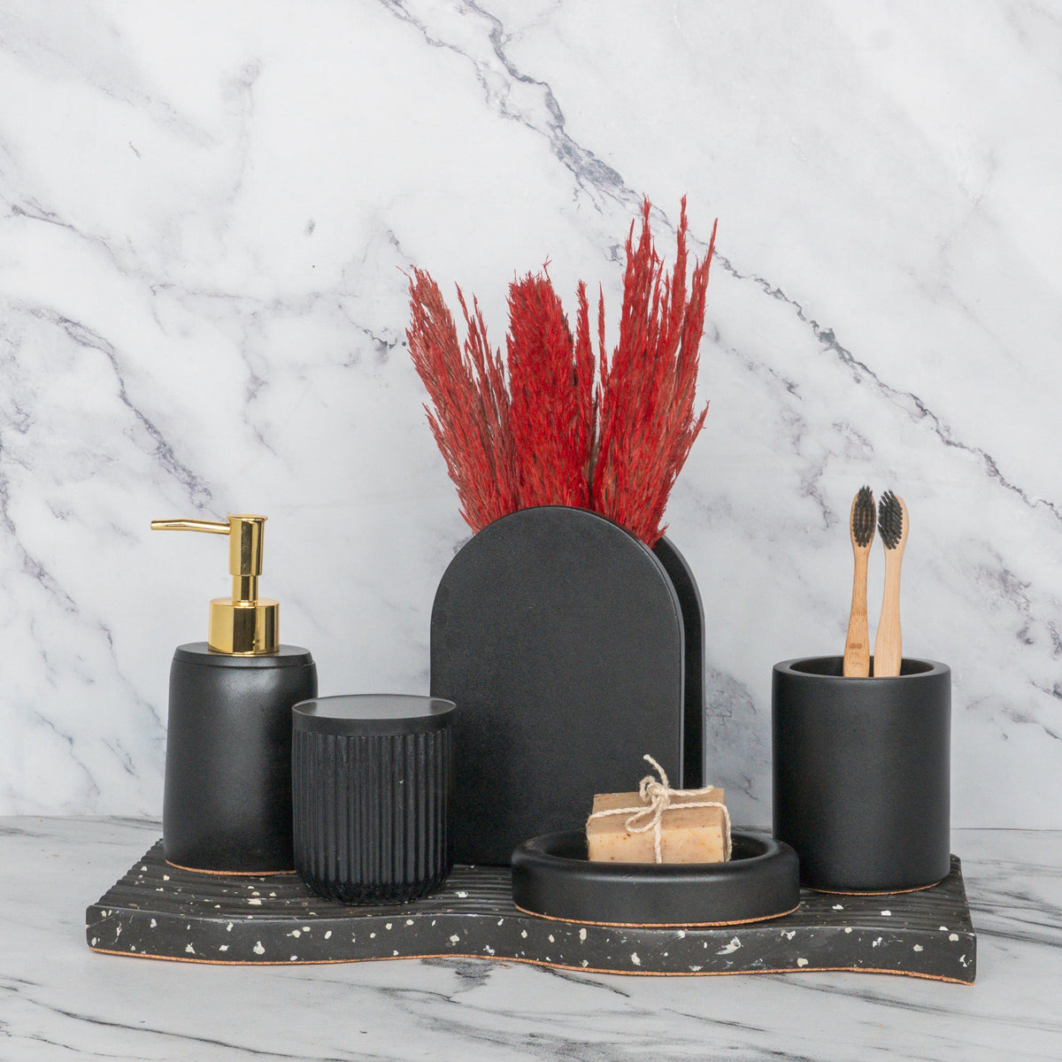 Lawrence Bathroom Set in Charcoal Black, handcrafted bathroom accessories set