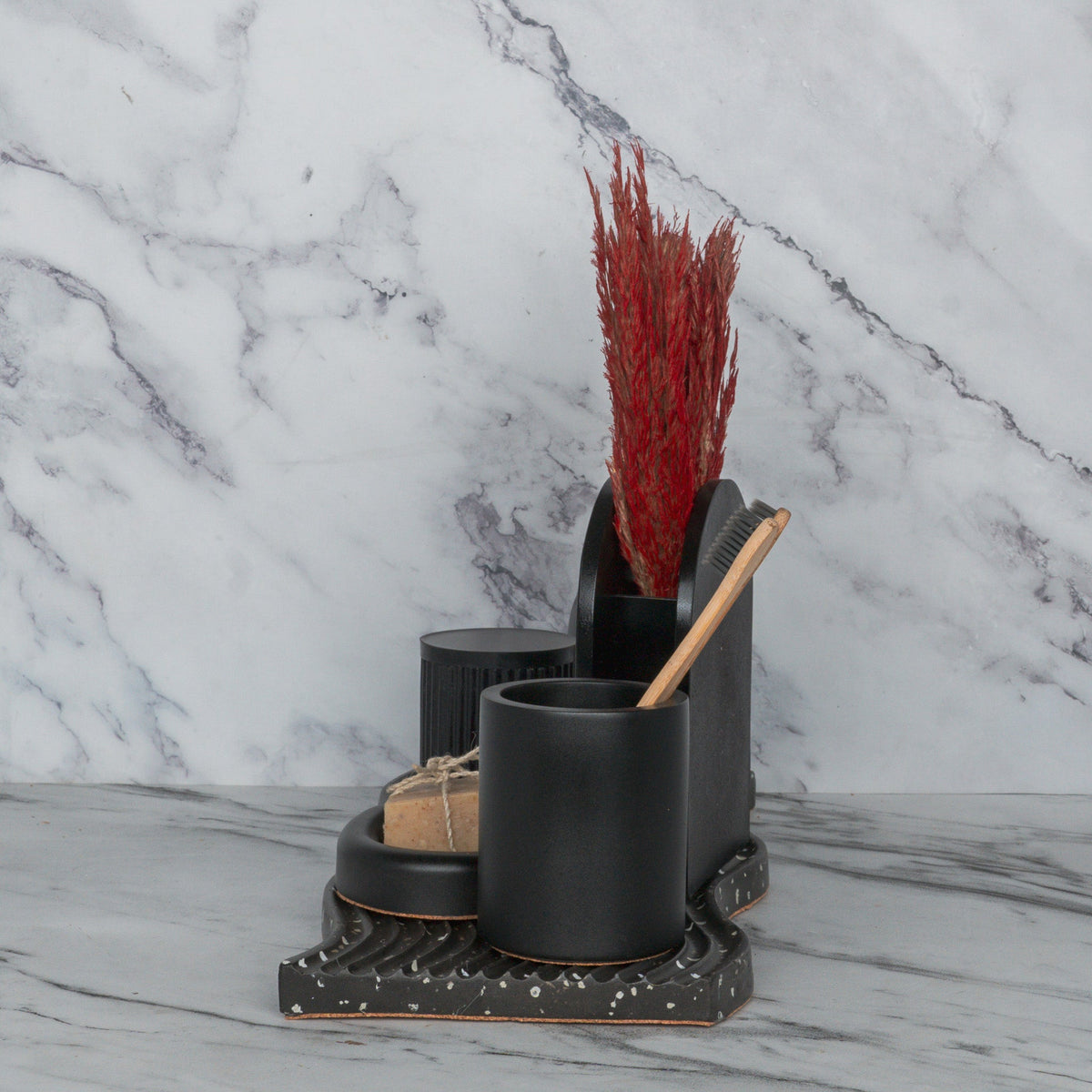 Lawrence Bathroom Set in Charcoal Black, handcrafted bathroom accessories set