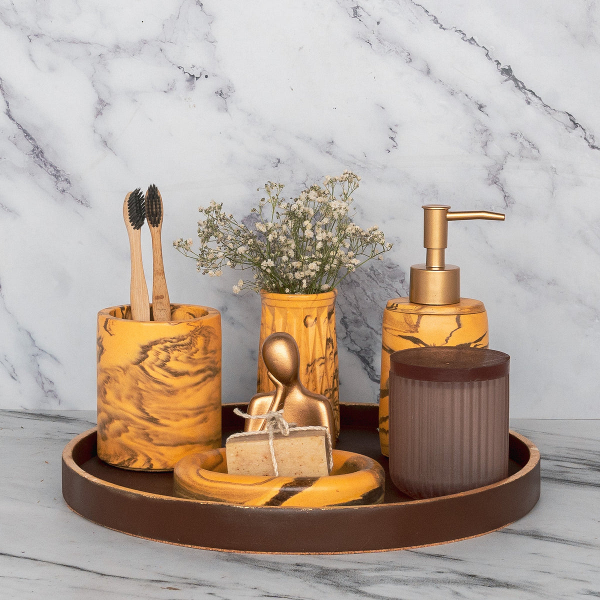 Lowa Bathroom Set in Warm Stone, handcrafted bathroom accessories set
