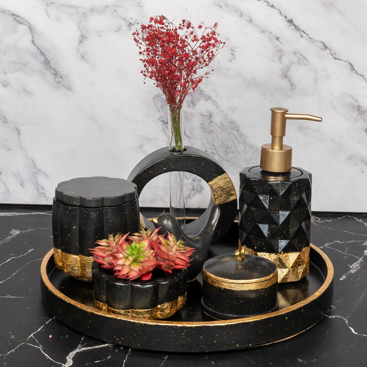 Luster Bathroom Set in Charcoal Black, handcrafted bathroom accessories set