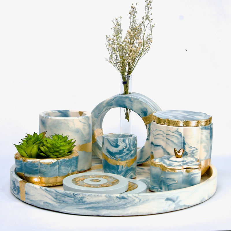 Luxurious Tabletop Arrangement - Light Blue Marbling with Gold Luxe Effect - ModVilla