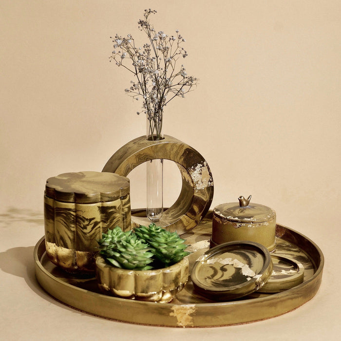 Luxurious Tabletop Arrangement - Olive and Brown Marbling with Gold Luxe Effect - ModVilla