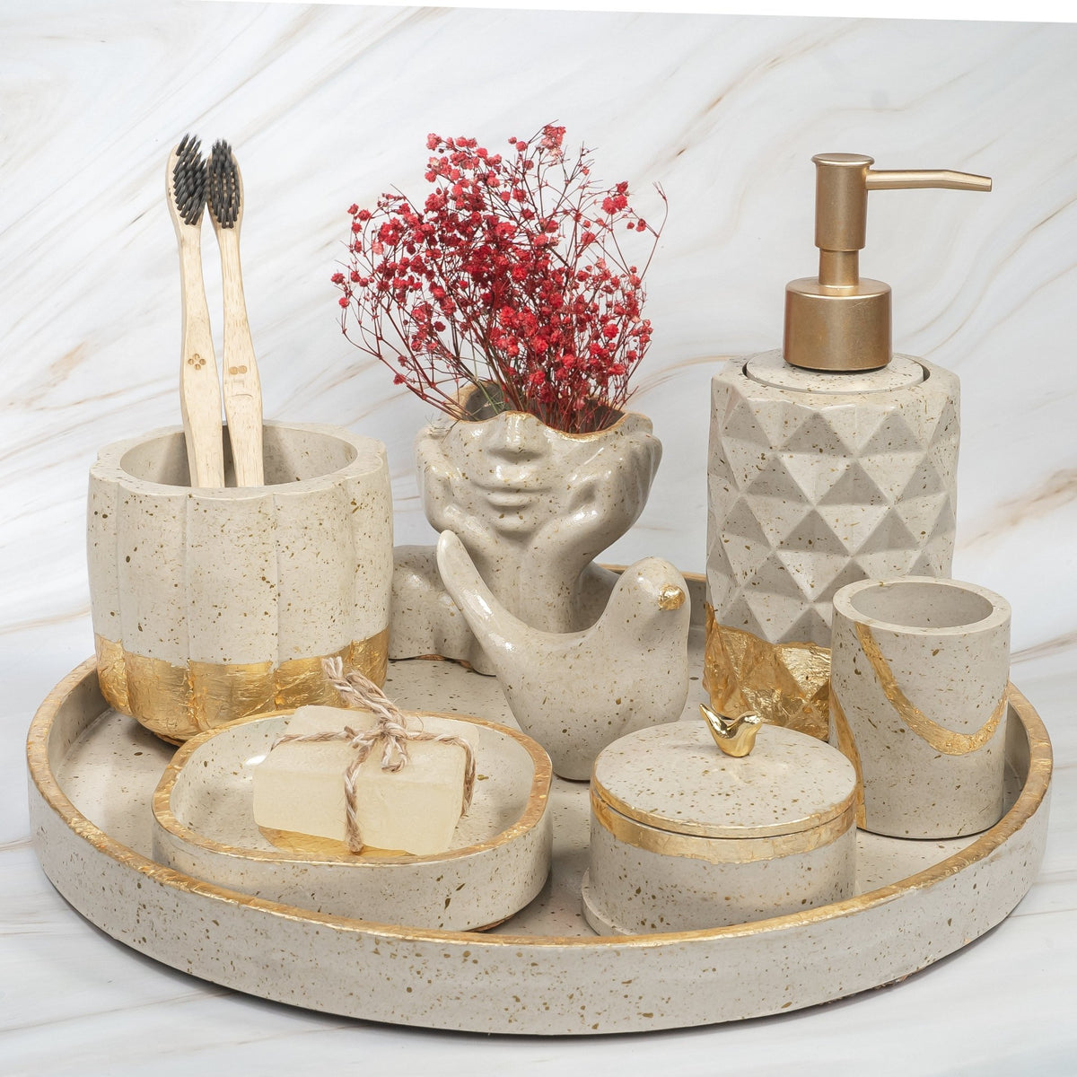 Magna Bathroom Set in Warm Stone, handcrafted bathroom accessories set