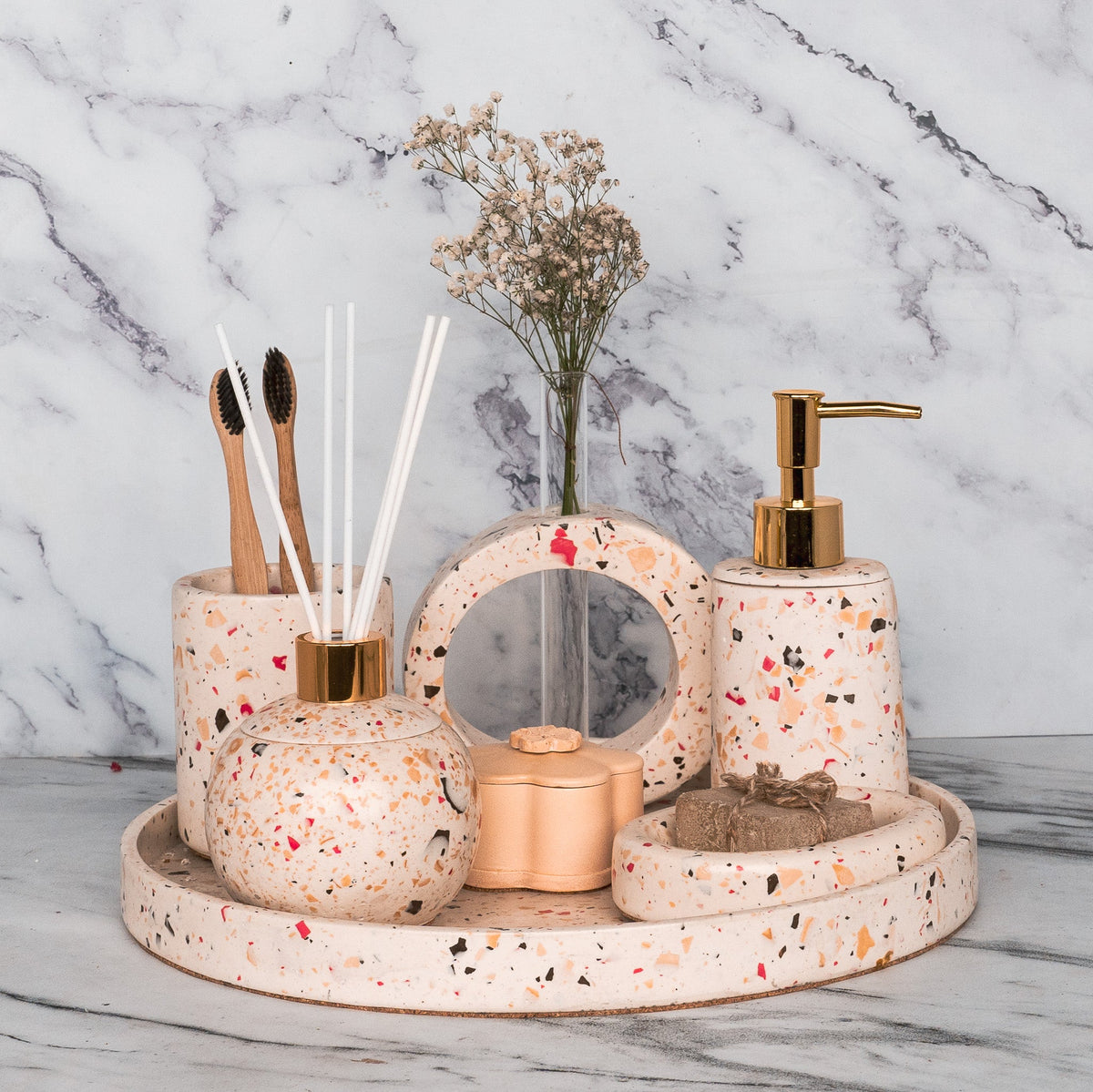 Matilda Bathroom Set in Moon Light, handcrafted bathroom accessories set