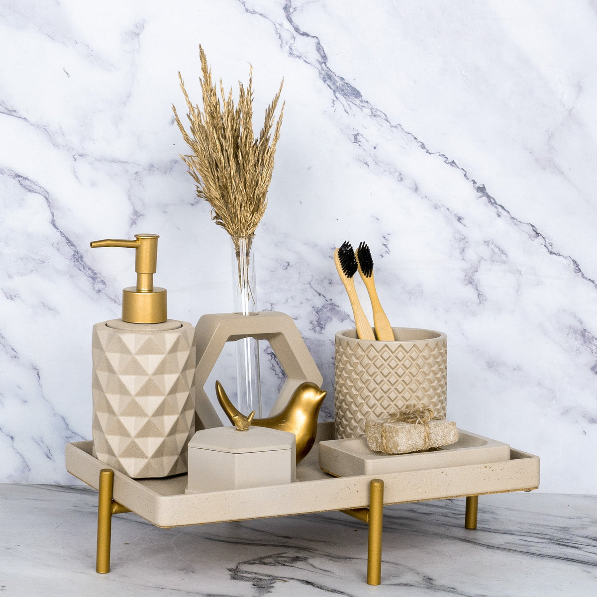 Meraki Bathroom Set in Warm Stone, handcrafted bathroom accessories set