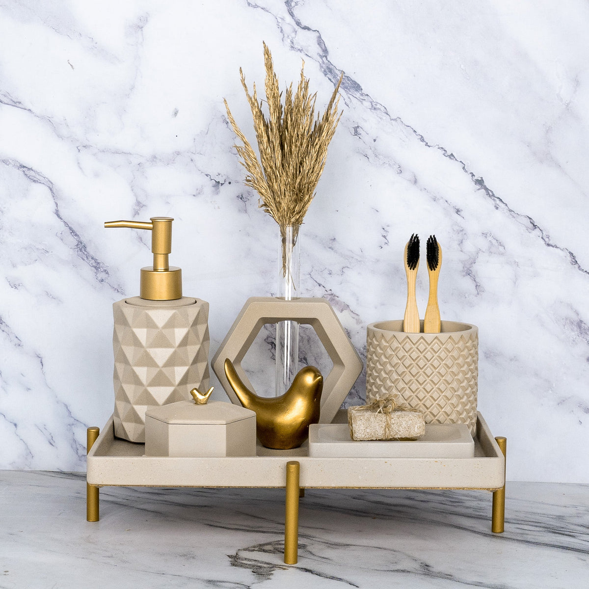 Meraki Bathroom Set in Warm Stone, handcrafted bathroom accessories set
