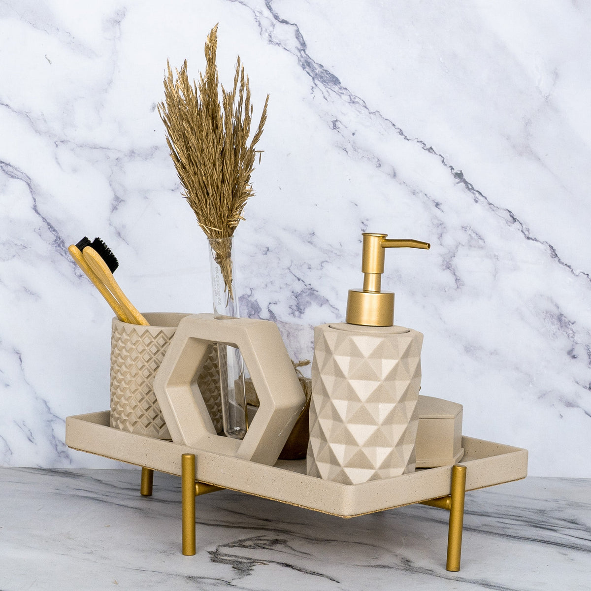 Meraki Bathroom Set in Warm Stone, handcrafted bathroom accessories set