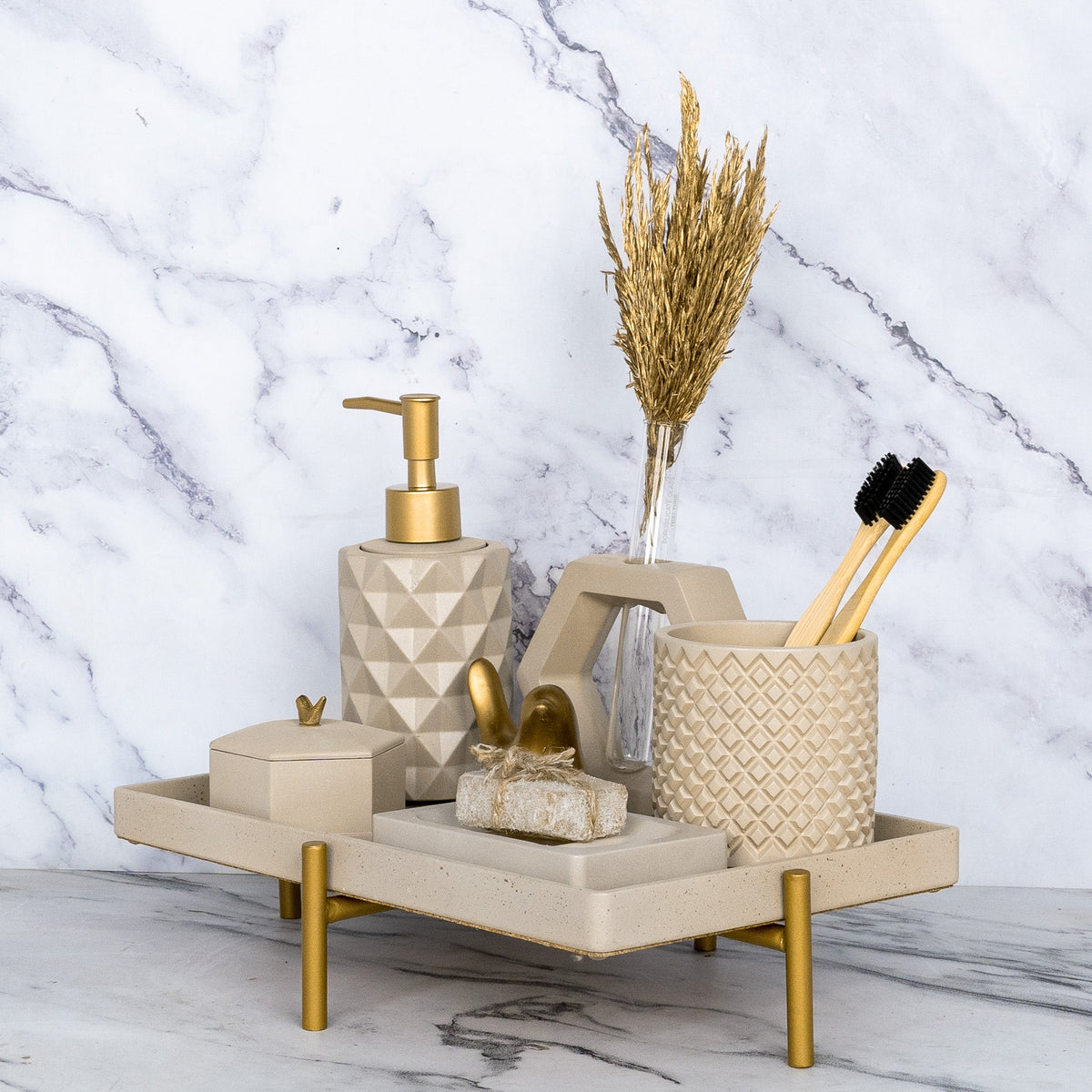 Meraki Bathroom Set in Warm Stone, handcrafted bathroom accessories set