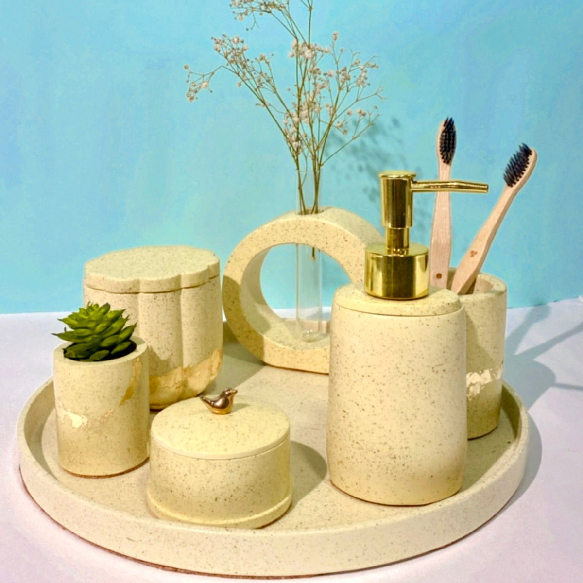 Milky Muse Bathroom Set in Harvest Cream, handcrafted bathroom accessories set