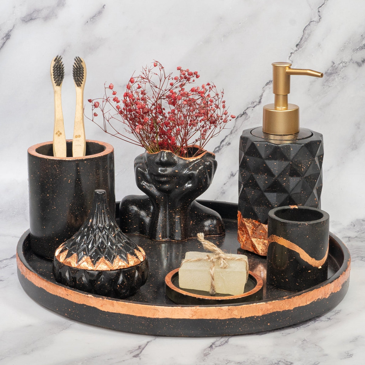 Molten Bathroom Set in Charcoal Black, handcrafted bathroom accessories set