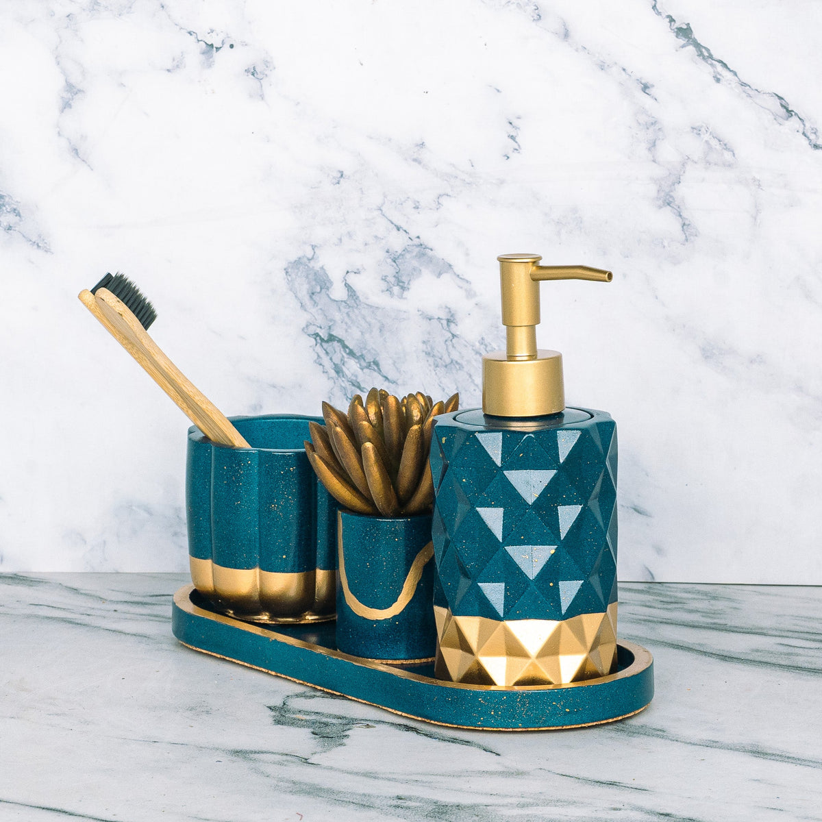 Monza Bathroom Set in Cool Lagoon, handcrafted bathroom accessories set