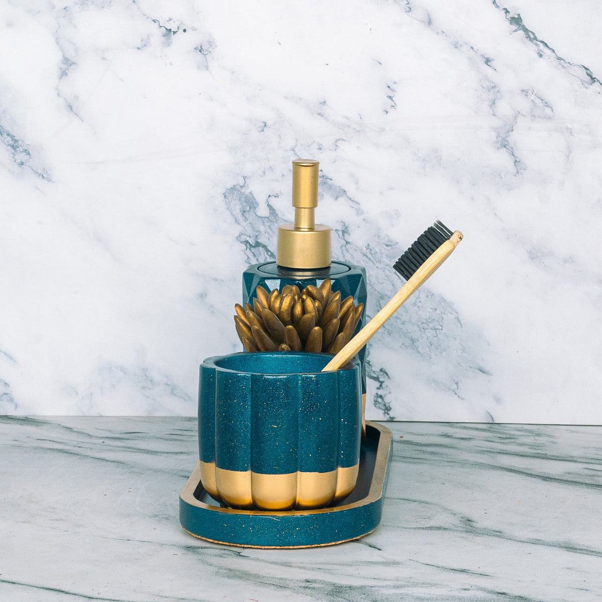 Monza Bathroom Set in Cool Lagoon, handcrafted bathroom accessories set