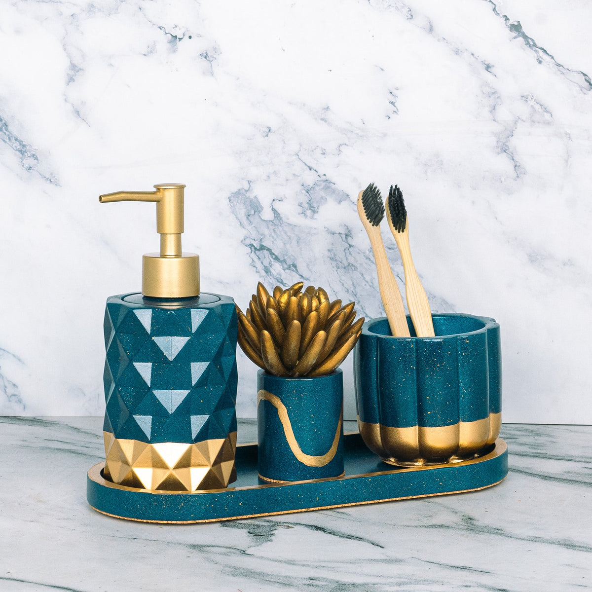 Monza Bathroom Set in Cool Lagoon, handcrafted bathroom accessories set