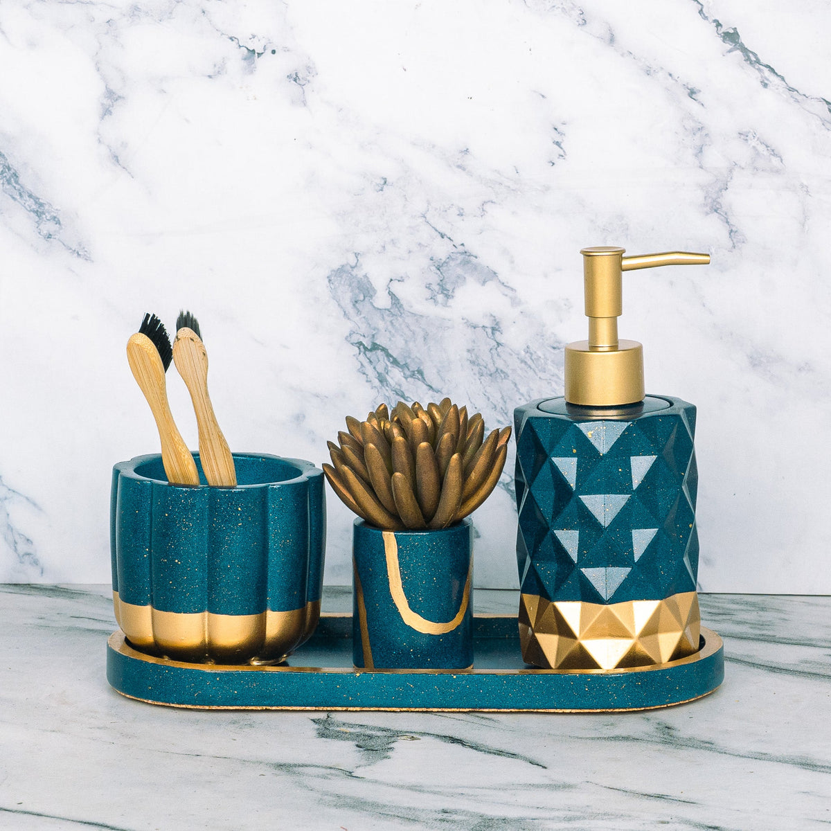 Monza Bathroom Set in Cool Lagoon, handcrafted bathroom accessories set