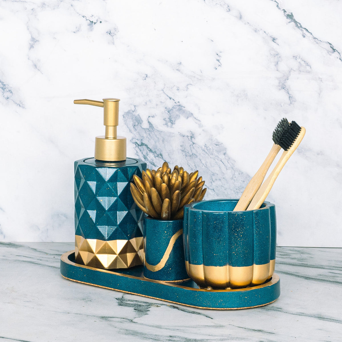 Monza Bathroom Set in Cool Lagoon, handcrafted bathroom accessories set