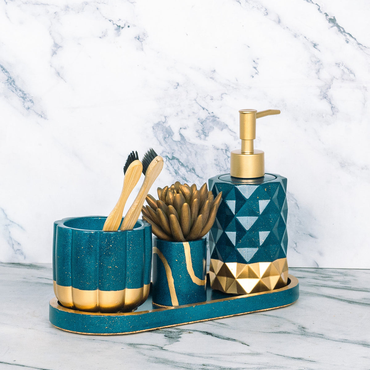 Monza Bathroom Set in Cool Lagoon, handcrafted bathroom accessories set