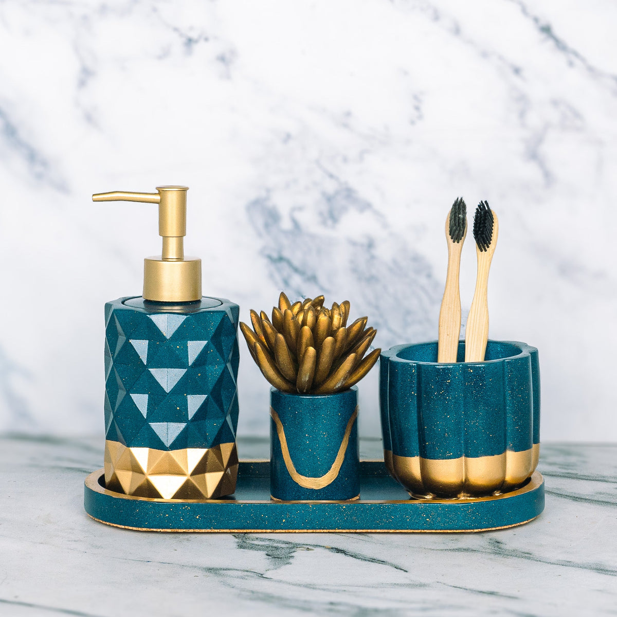 Monza Bathroom Set in Cool Lagoon, handcrafted bathroom accessories set