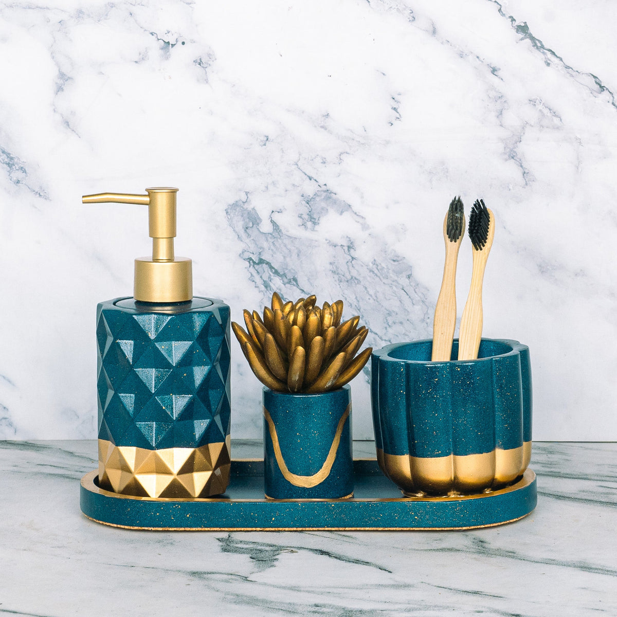 Monza Bathroom Set in Cool Lagoon, handcrafted bathroom accessories set