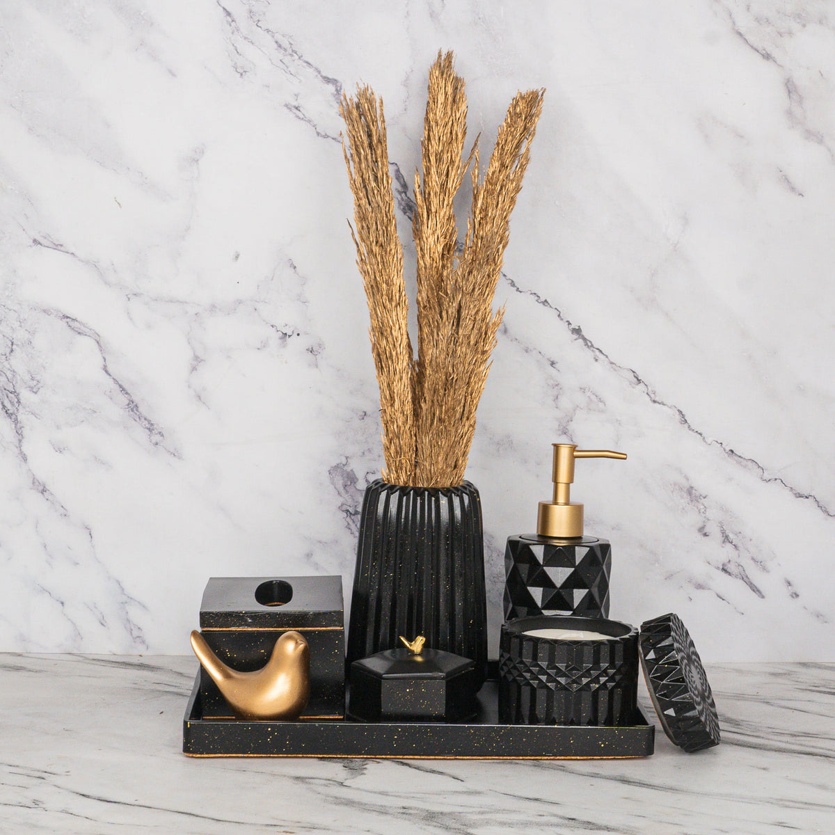 Nebula Bathroom Set in Charcoal Black, handcrafted bathroom accessories set