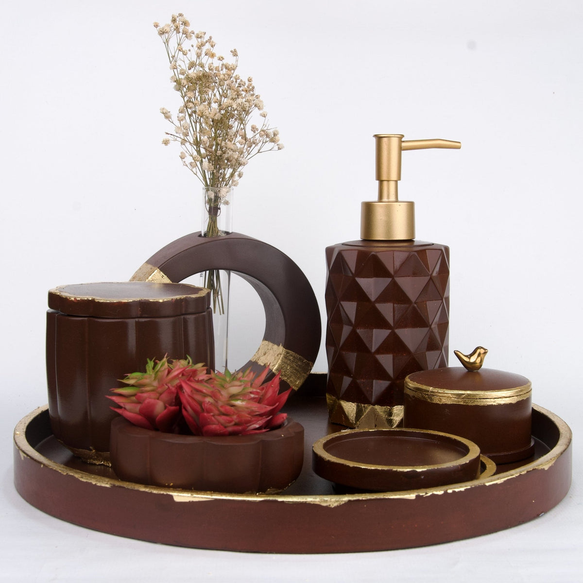 Nile Bathroom Set in Vintage Walnut, handcrafted bathroom accessories set