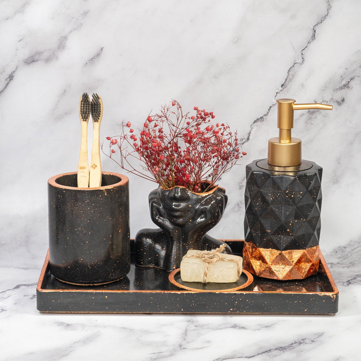 Onyx Bathroom Set in Charcoal Black, handcrafted bathroom accessories set