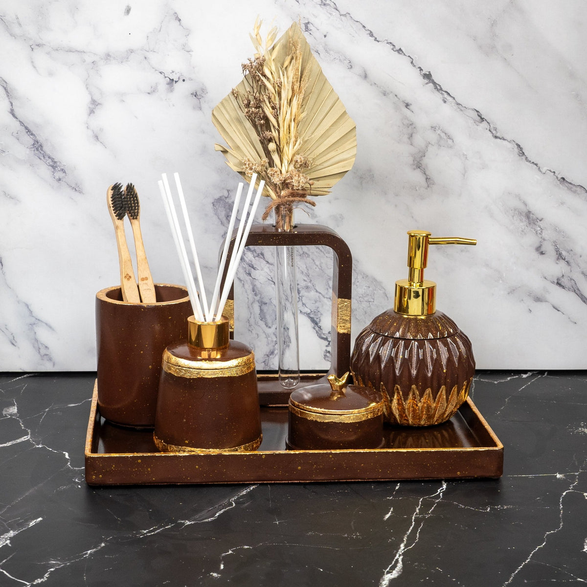 Palma Bathroom Set in Vintage Walnut, handcrafted bathroom accessories set