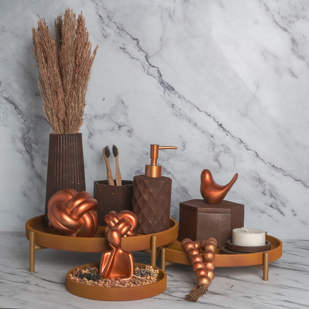 Pandora Bathroom Set in Vintage Walnut, handcrafted bathroom accessories set