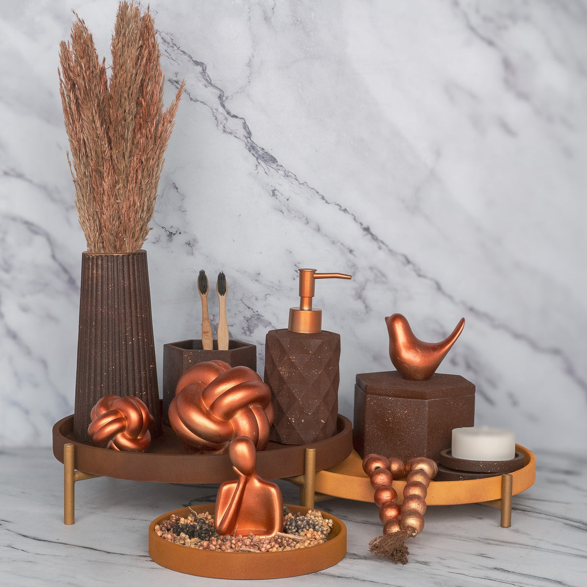 Pandora Bathroom Set in Vintage Walnut, handcrafted bathroom accessories set