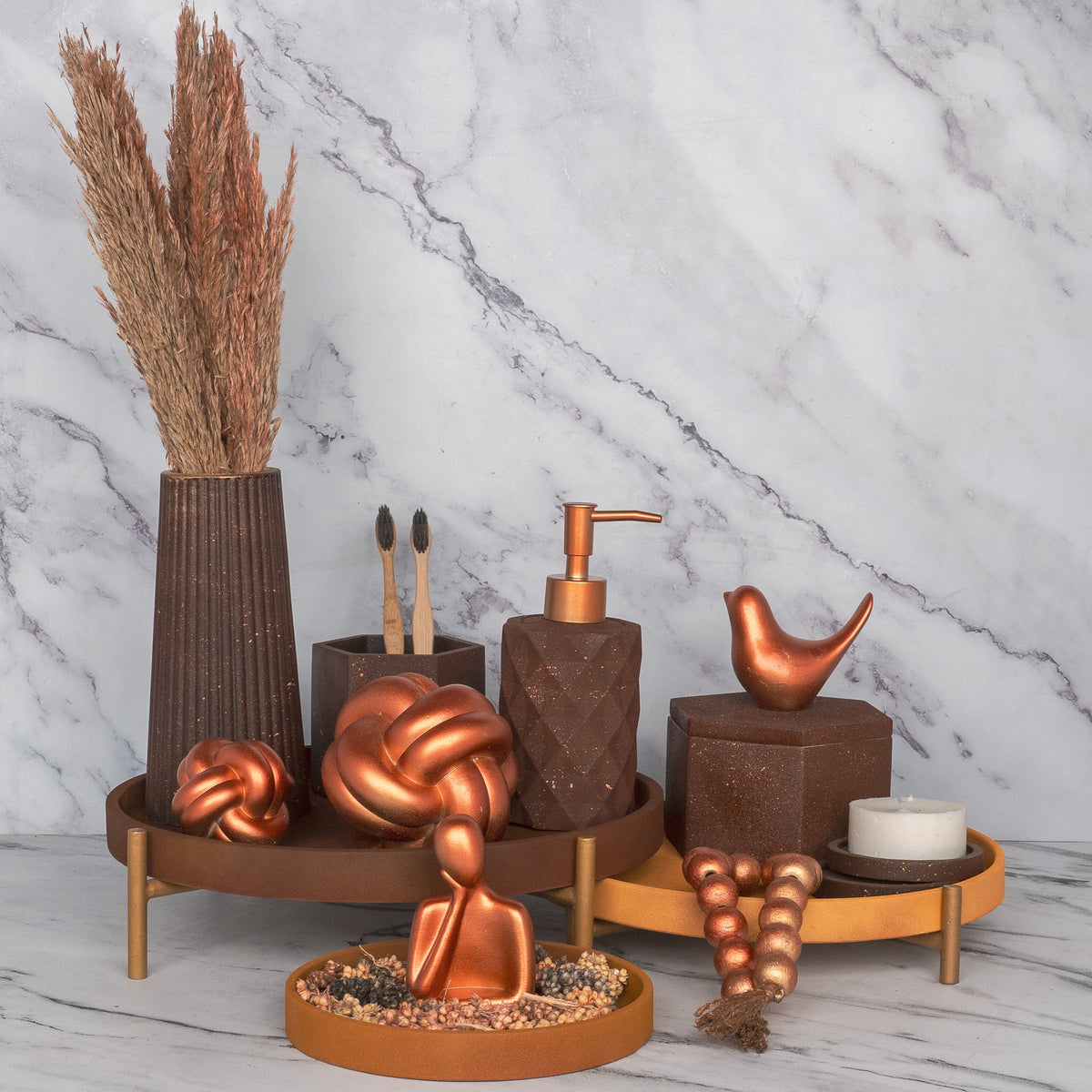 Pandora Bathroom Set in Vintage Walnut, handcrafted bathroom accessories set