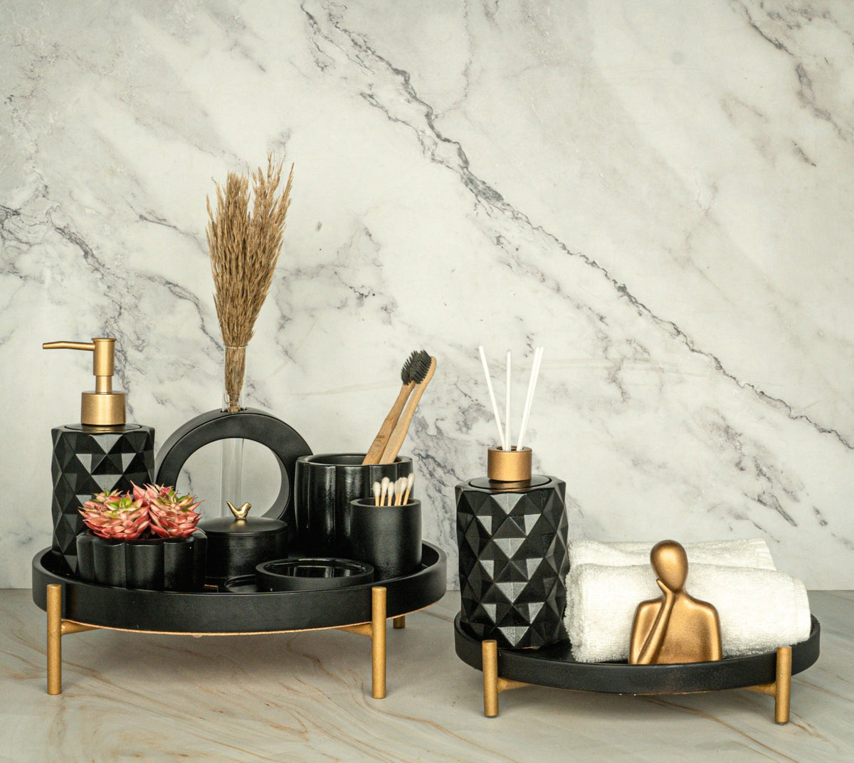 Pinnacle Bathroom Set in Charcoal Black, handcrafted bathroom accessories set