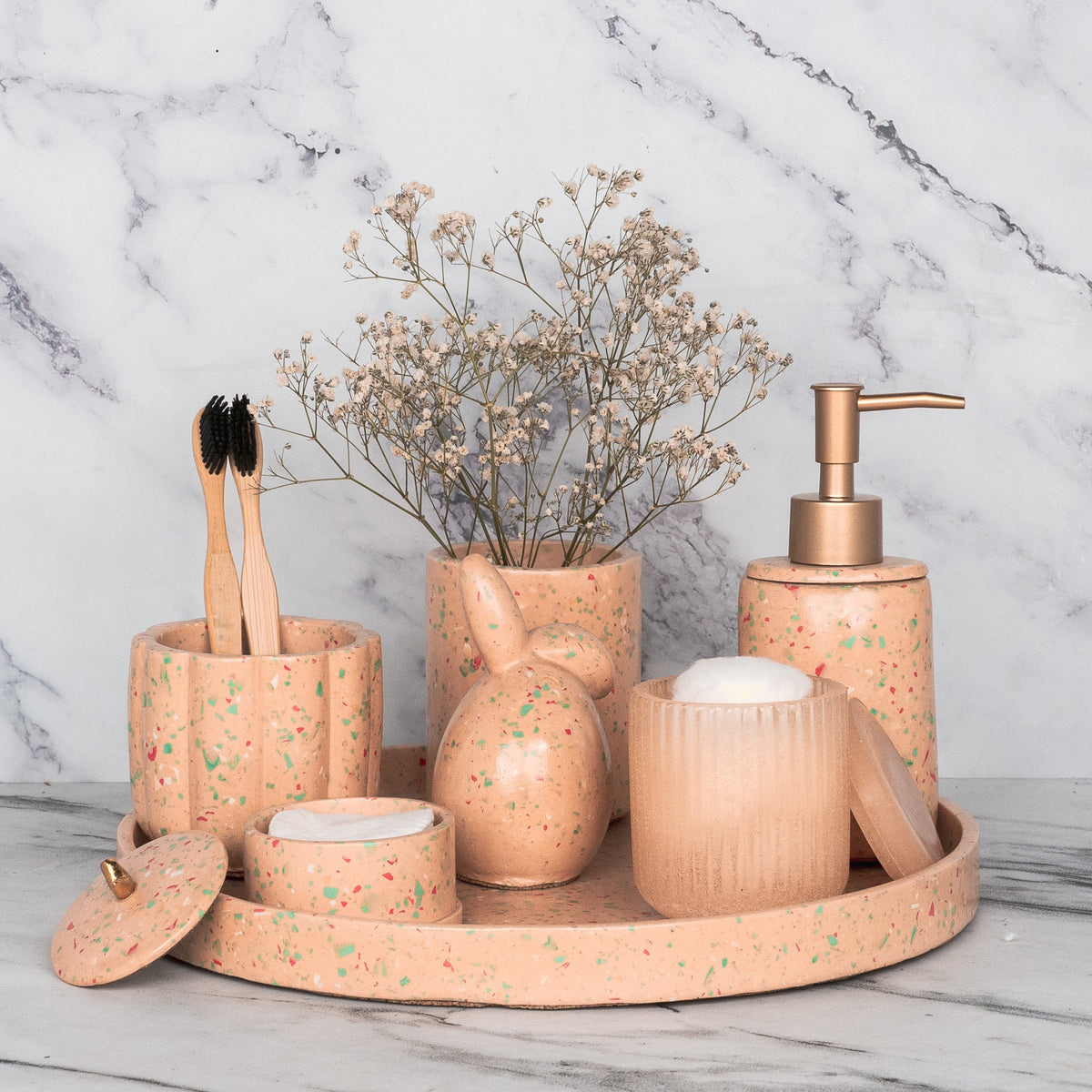 Pixie Bathroom Set in Sunset Glow, handcrafted bathroom accessories set