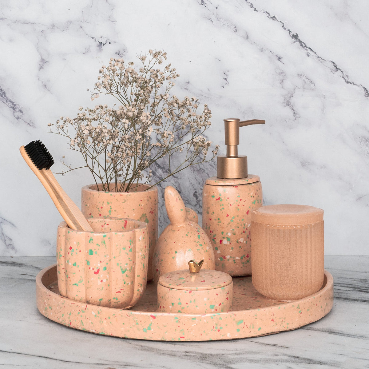 Pixie Bathroom Set in Sunset Glow, handcrafted bathroom accessories set