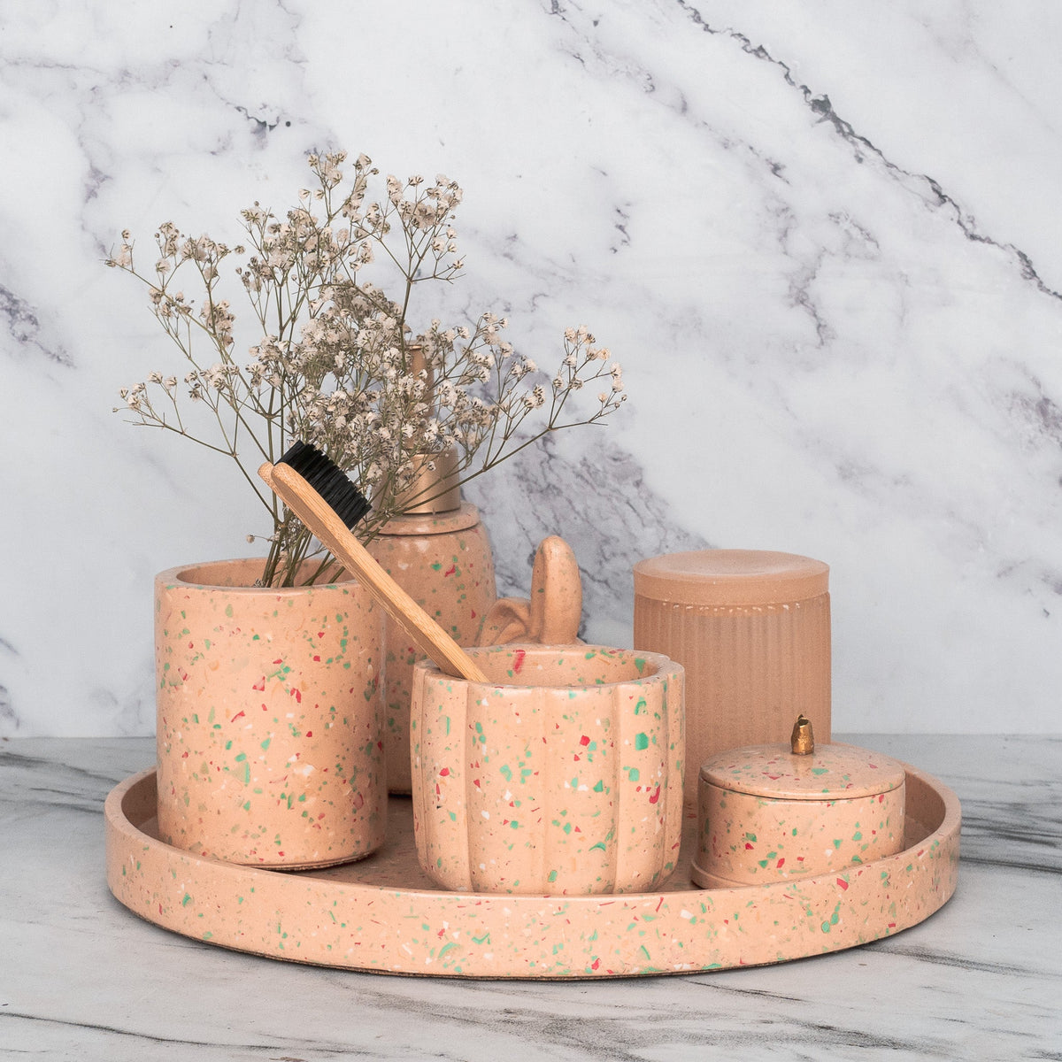 Pixie Bathroom Set in Sunset Glow, handcrafted bathroom accessories set