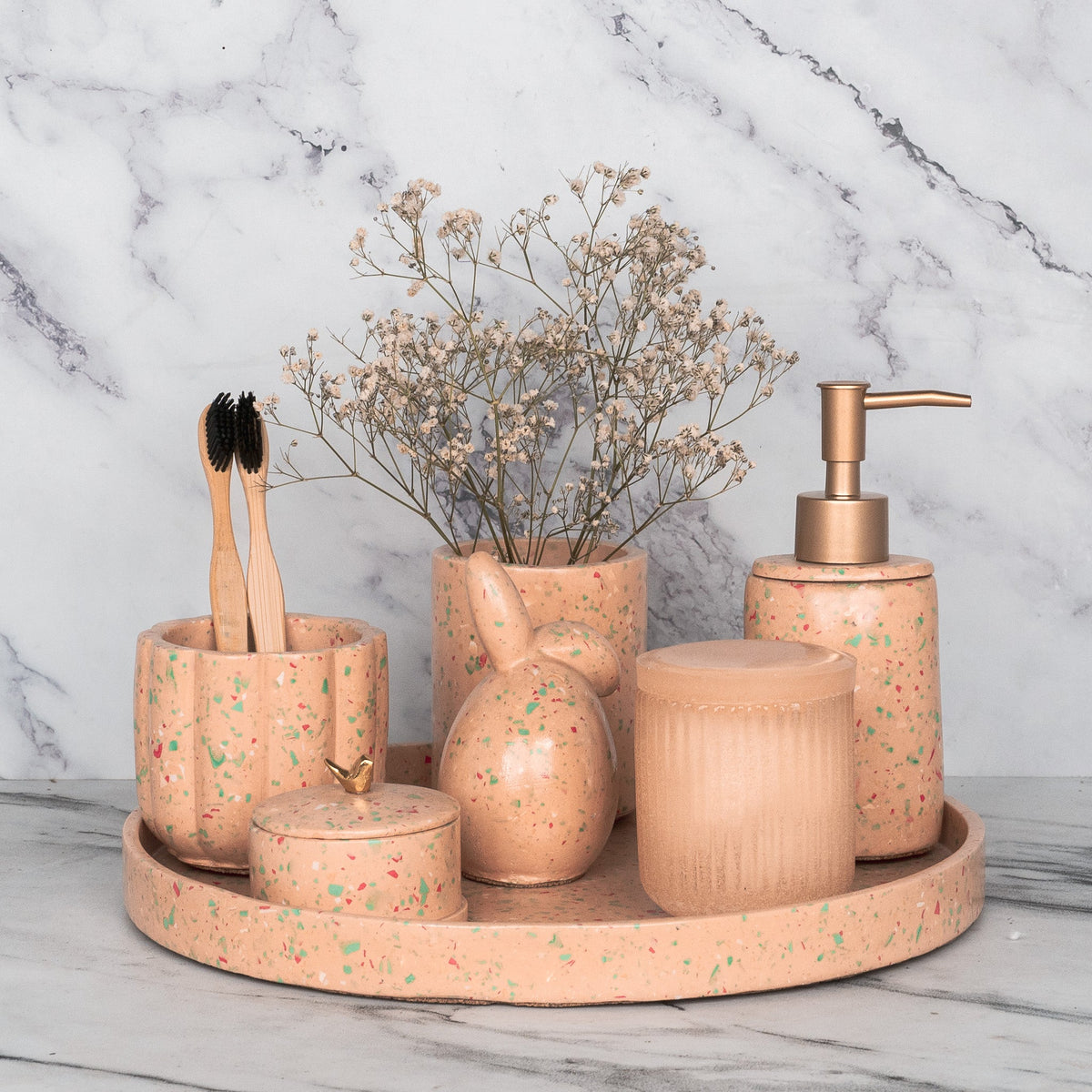 Pixie Bathroom Set in Sunset Glow, handcrafted bathroom accessories set