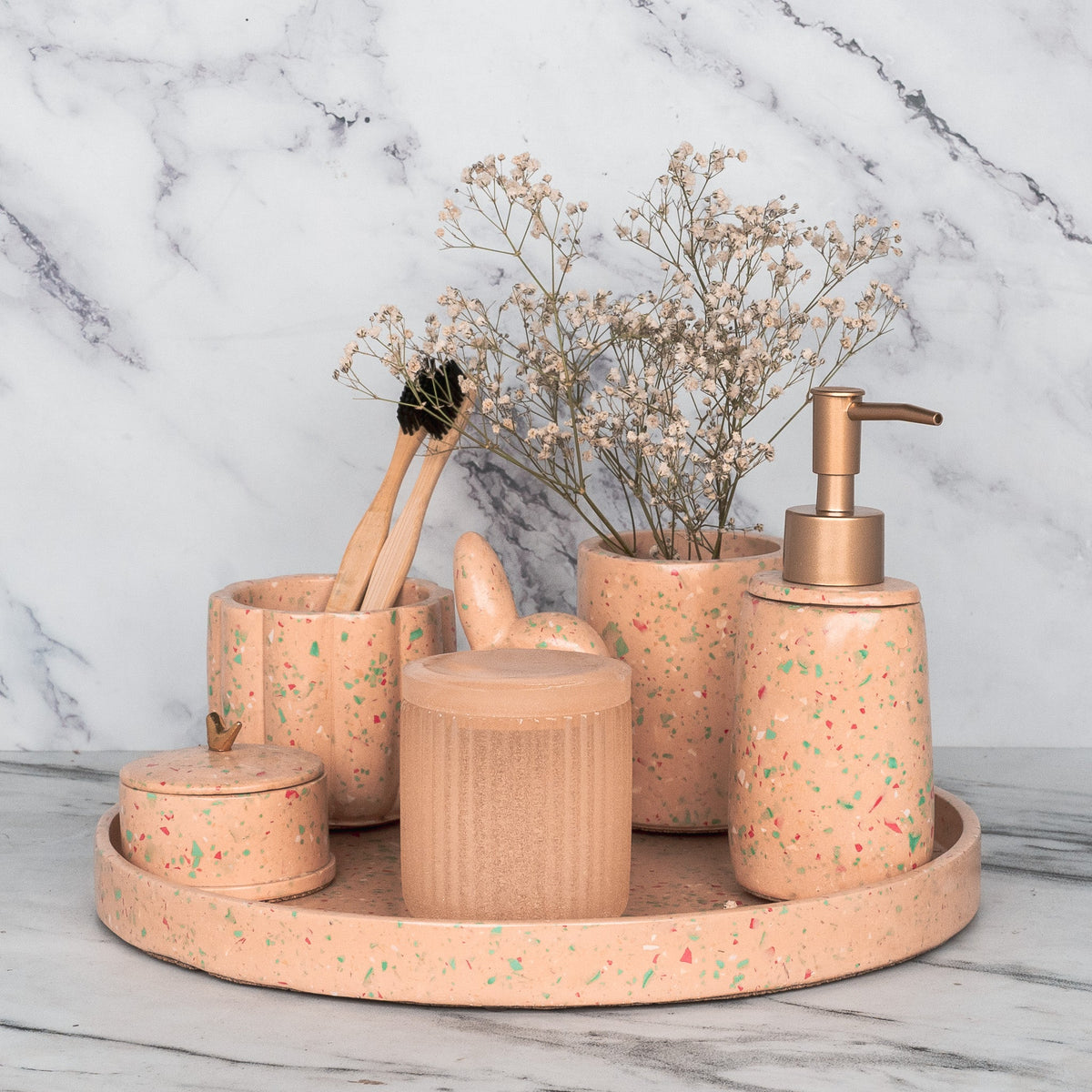 Pixie Bathroom Set in Sunset Glow, handcrafted bathroom accessories set