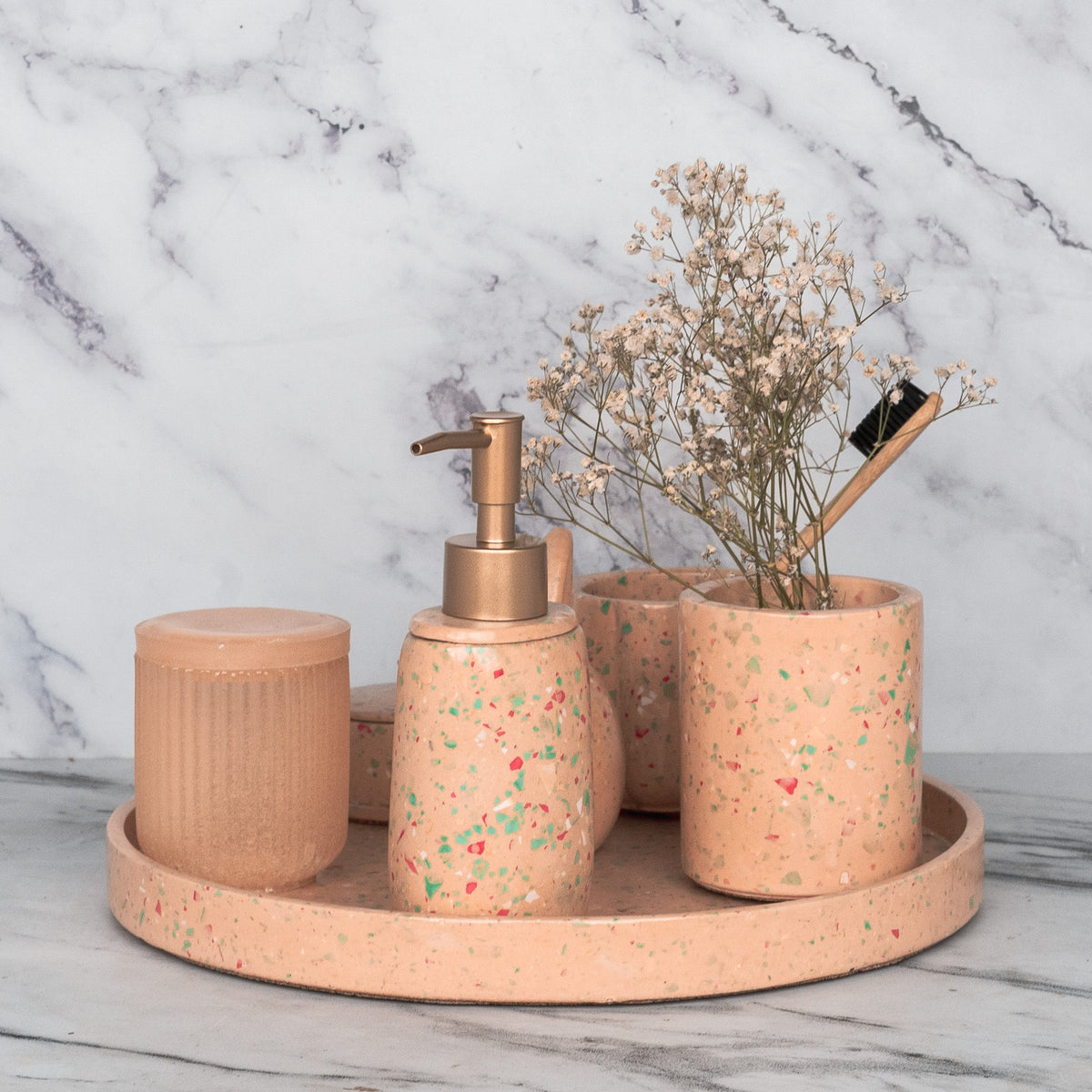 Pixie Bathroom Set in Sunset Glow, handcrafted bathroom accessories set