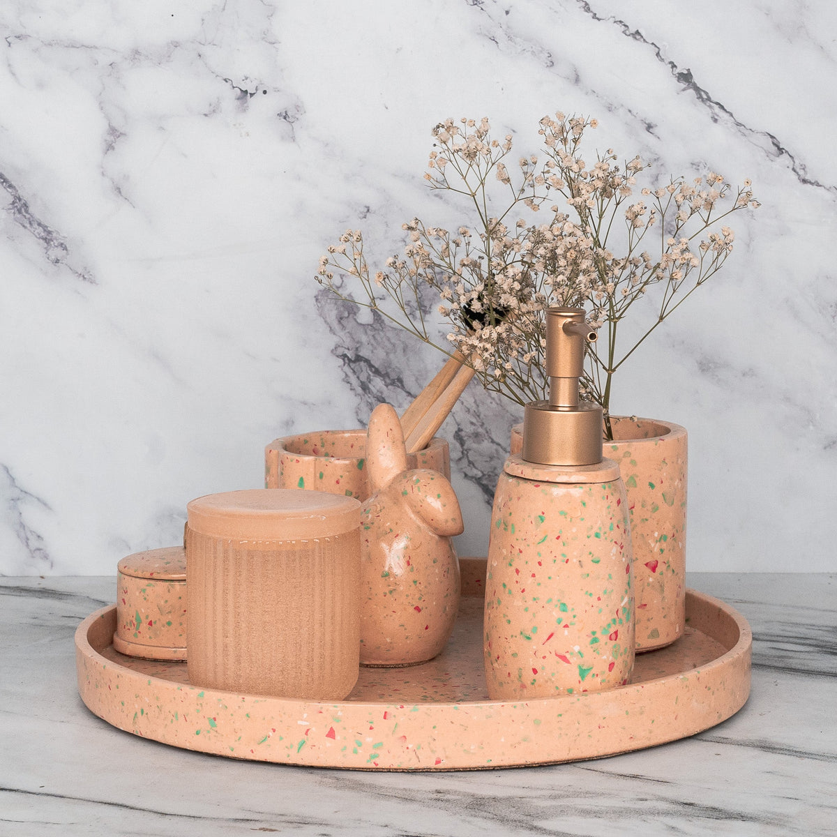 Pixie Bathroom Set in Sunset Glow, handcrafted bathroom accessories set