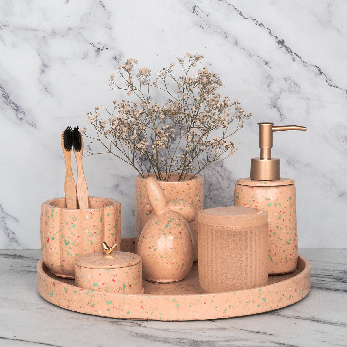 Pixie Bathroom Set in Sunset Glow, handcrafted bathroom accessories set