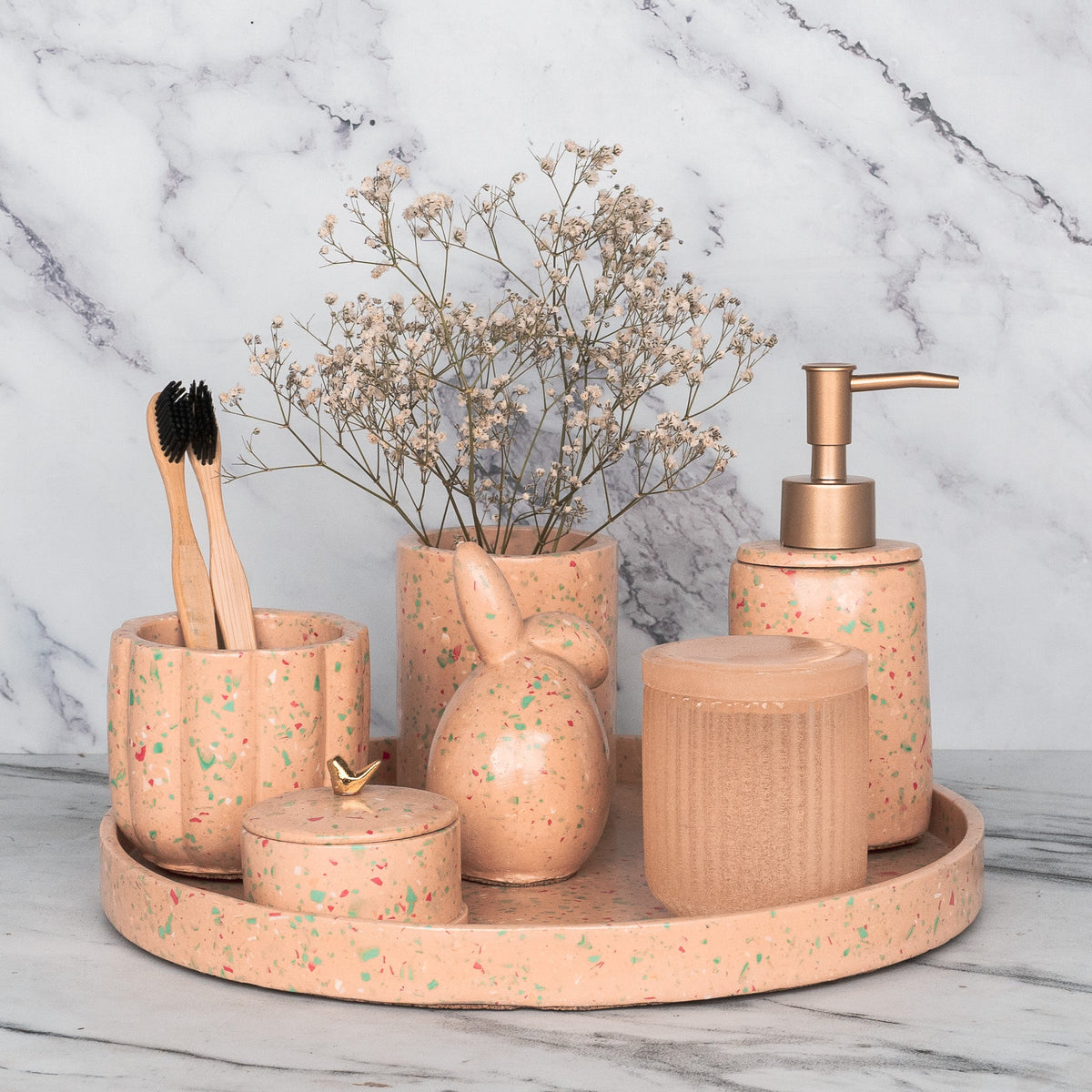 Pixie Bathroom Set in Sunset Glow, handcrafted bathroom accessories set