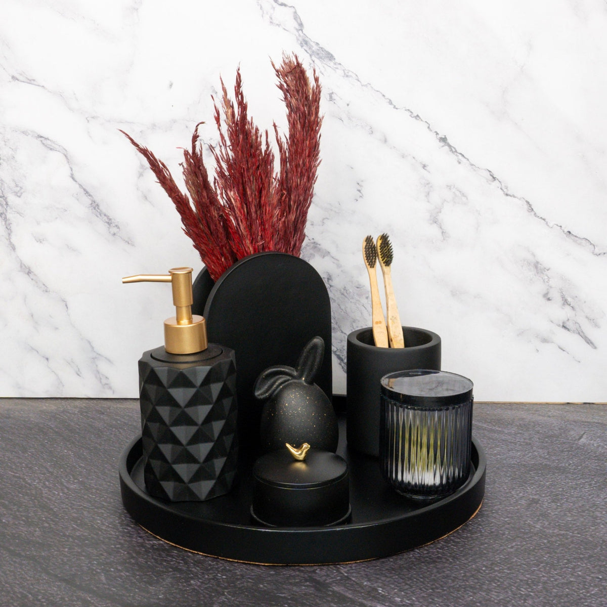 Playboy Bathroom Set in Charcoal Black, handcrafted bathroom accessories set