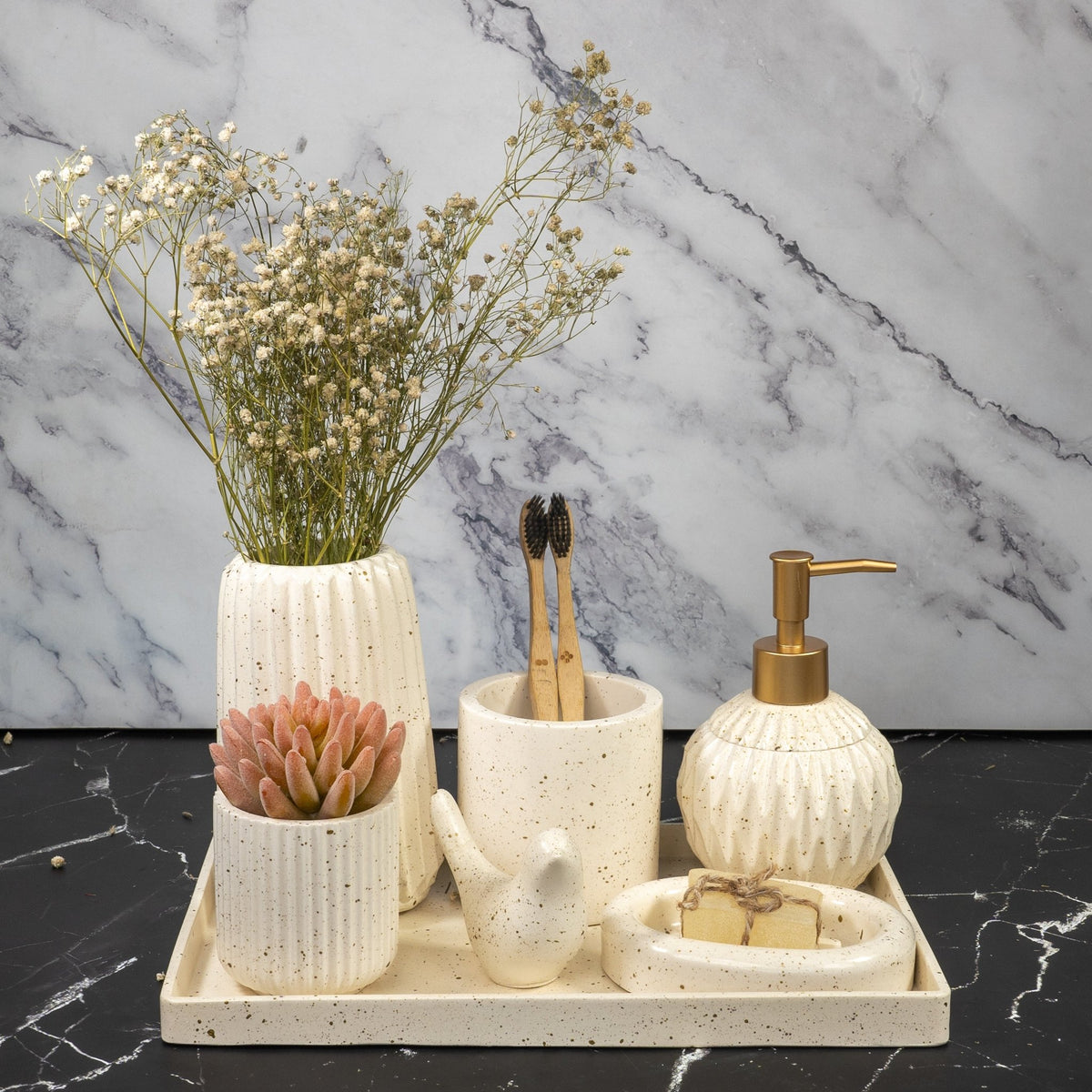 Pura Bathroom Set in Moon Light, handcrafted bathroom accessories set